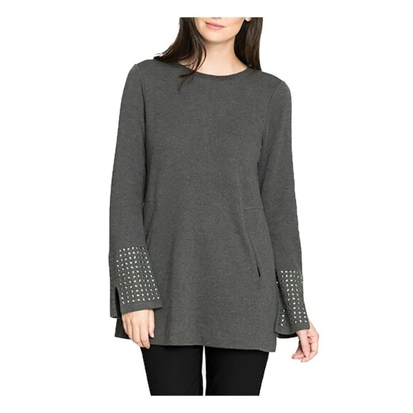 NIC+ZOE Womens Grommet Cuff Top -‎ Graphite Tunic Top Long Sleeve Size Large New - Picture 1 of 10